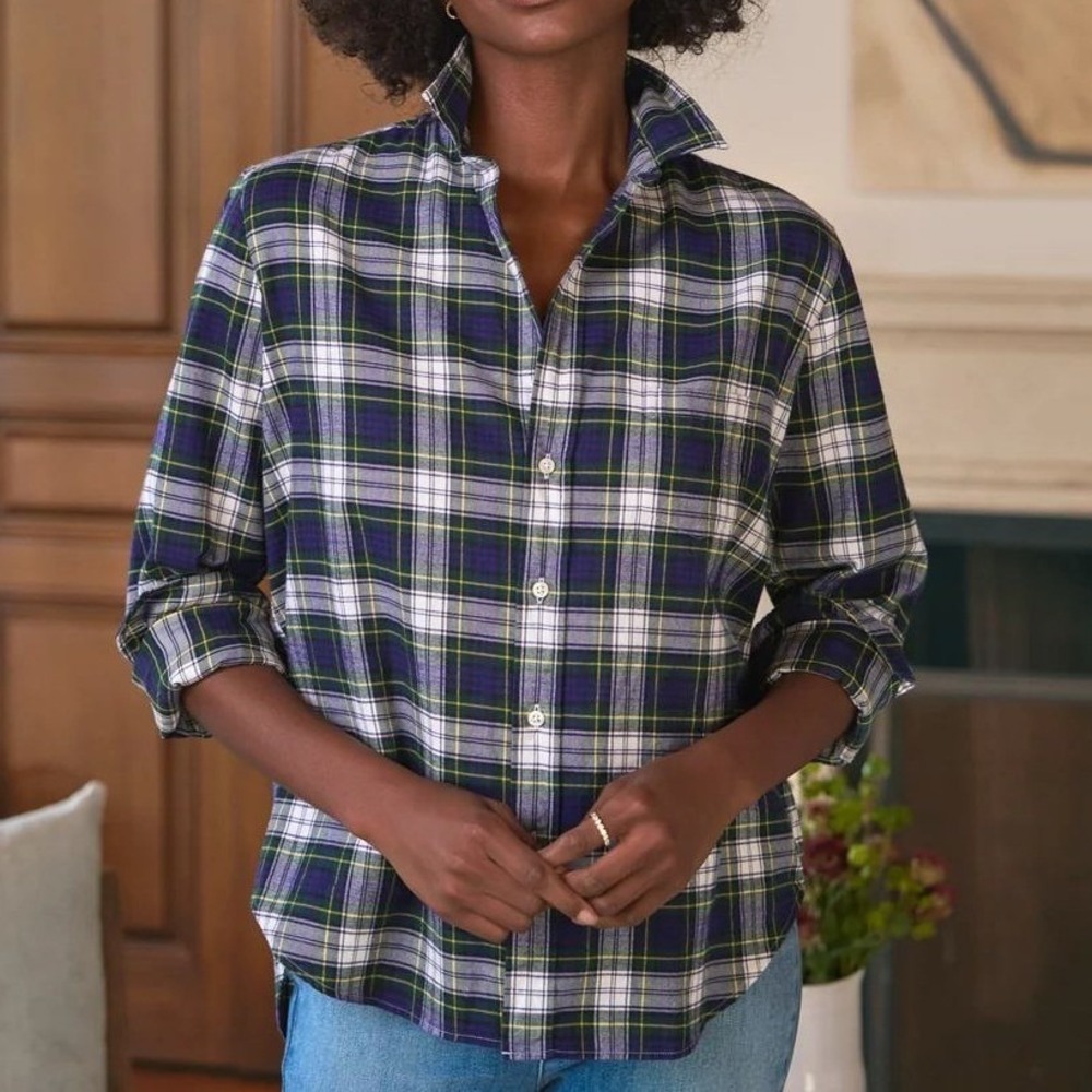 Frank & Eileen Eileen Button Down Shirt Plaid Blue Green Cotton Women's Sz L